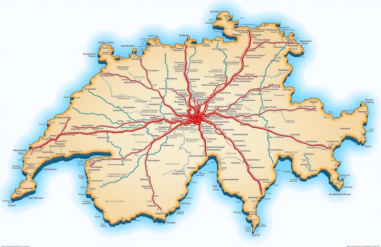 Eine detaillierte Karte der Schweiz, auf der alle vignettenpflichtigen Autobahnen und Autostrassen rot hervorgehoben sind.